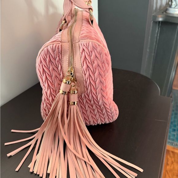 Blush Pink Velvet Satchel Bag w/ Tassel Charm Gold Hardware - Picture 4 of 7
